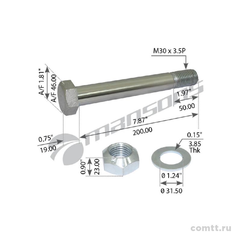 Болт М30*200*3,5 сайлентблока с гайкой+шайба (не полная резьба) 300030 Mansons Болт М30*200*3,5 сайлентблока с гайкой+шайба (не полная резьба) 300030 Mansons